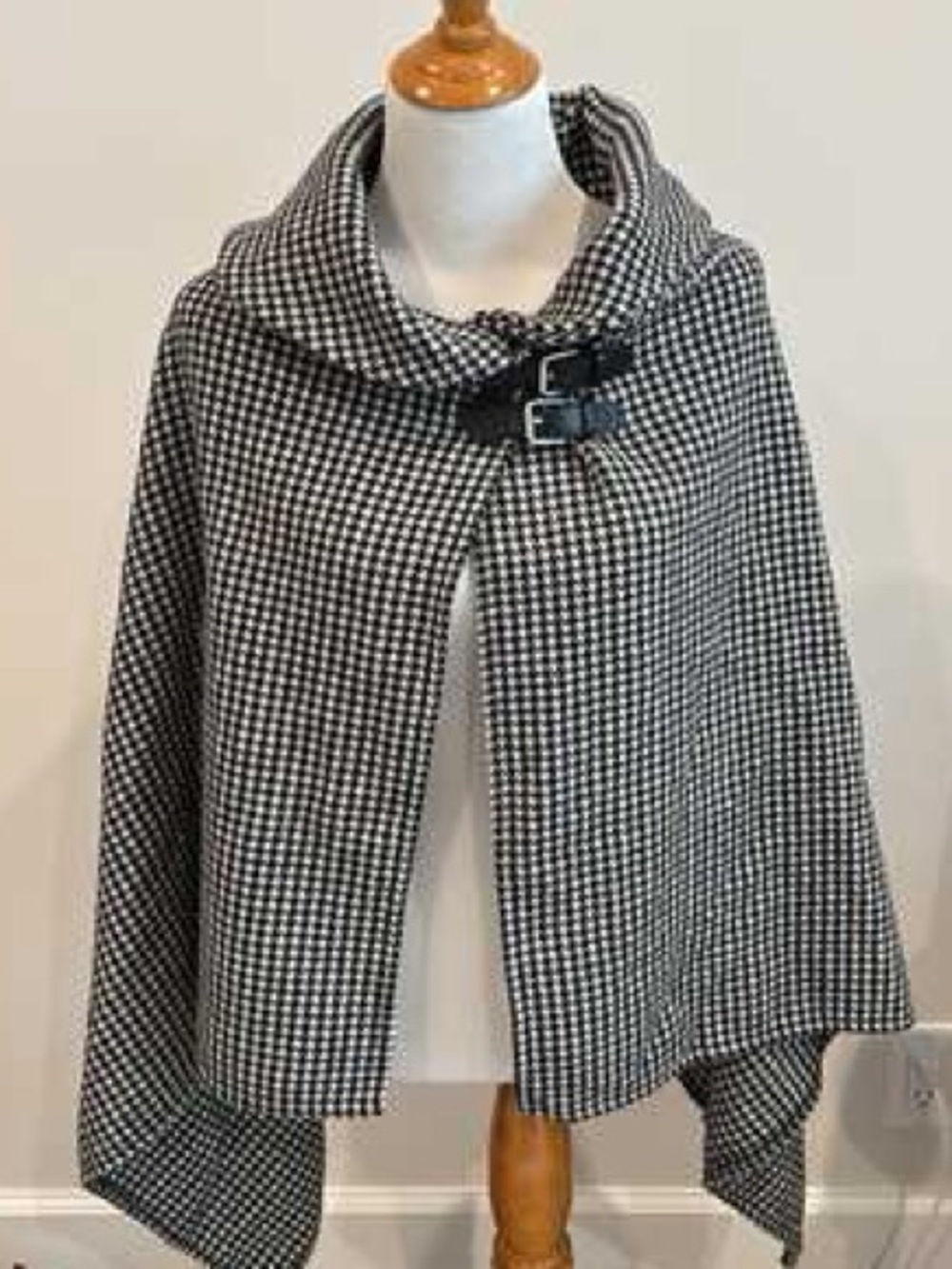 Ralph Lauren Houndstooth Cape Poncho Buckle Black White NEW